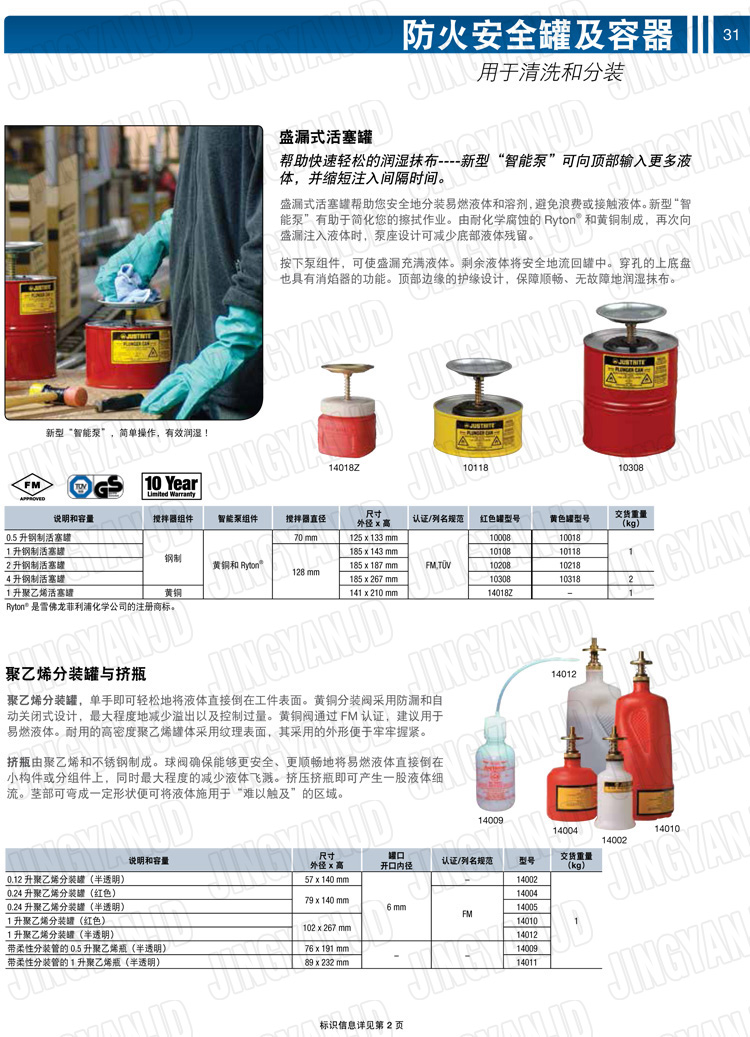 美國(guó)杰斯瑞特，JUSTRITE，活塞安全罐，盛漏式活塞罐，化學(xué)品分裝罐，